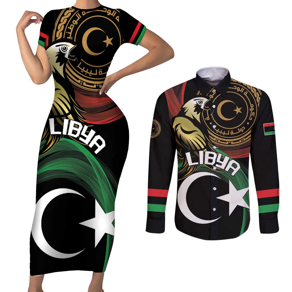 Personalized Libya Couples Matching Short Sleeve Bodycon Dress and Long Sleeve Button Shirt White Star And Crescent - Wonder Print Shop