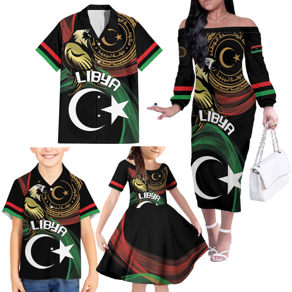 Personalized Libya Family Matching Off The Shoulder Long Sleeve Dress and Hawaiian Shirt White Star And Crescent - Wonder Print Shop
