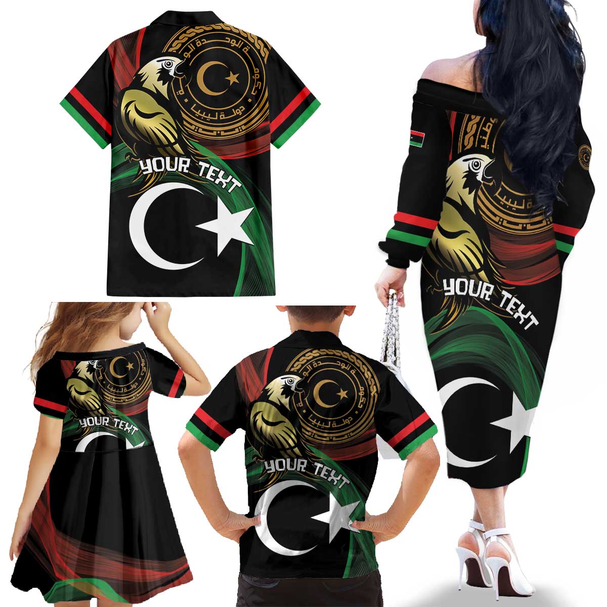 Personalized Libya Family Matching Off The Shoulder Long Sleeve Dress and Hawaiian Shirt White Star And Crescent - Wonder Print Shop