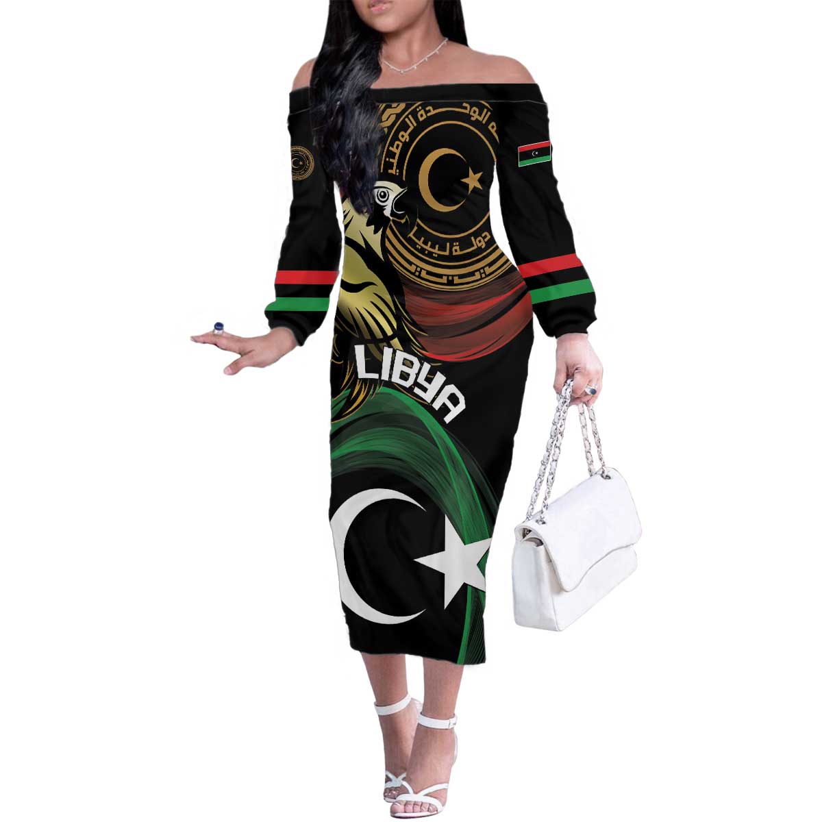 Personalized Libya Family Matching Off The Shoulder Long Sleeve Dress and Hawaiian Shirt White Star And Crescent - Wonder Print Shop