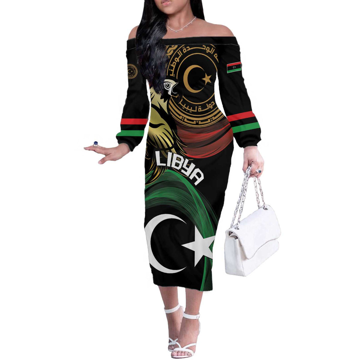 Personalized Libya Off The Shoulder Long Sleeve Dress White Star And Crescent - Wonder Print Shop