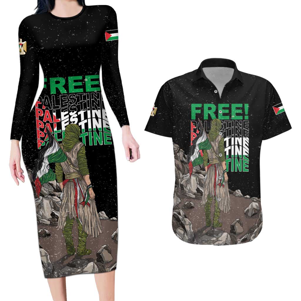 Free Palestine Couples Matching Long Sleeve Bodycon Dress and Hawaiian Shirt Eagle of Saladin - Wonder Print Shop