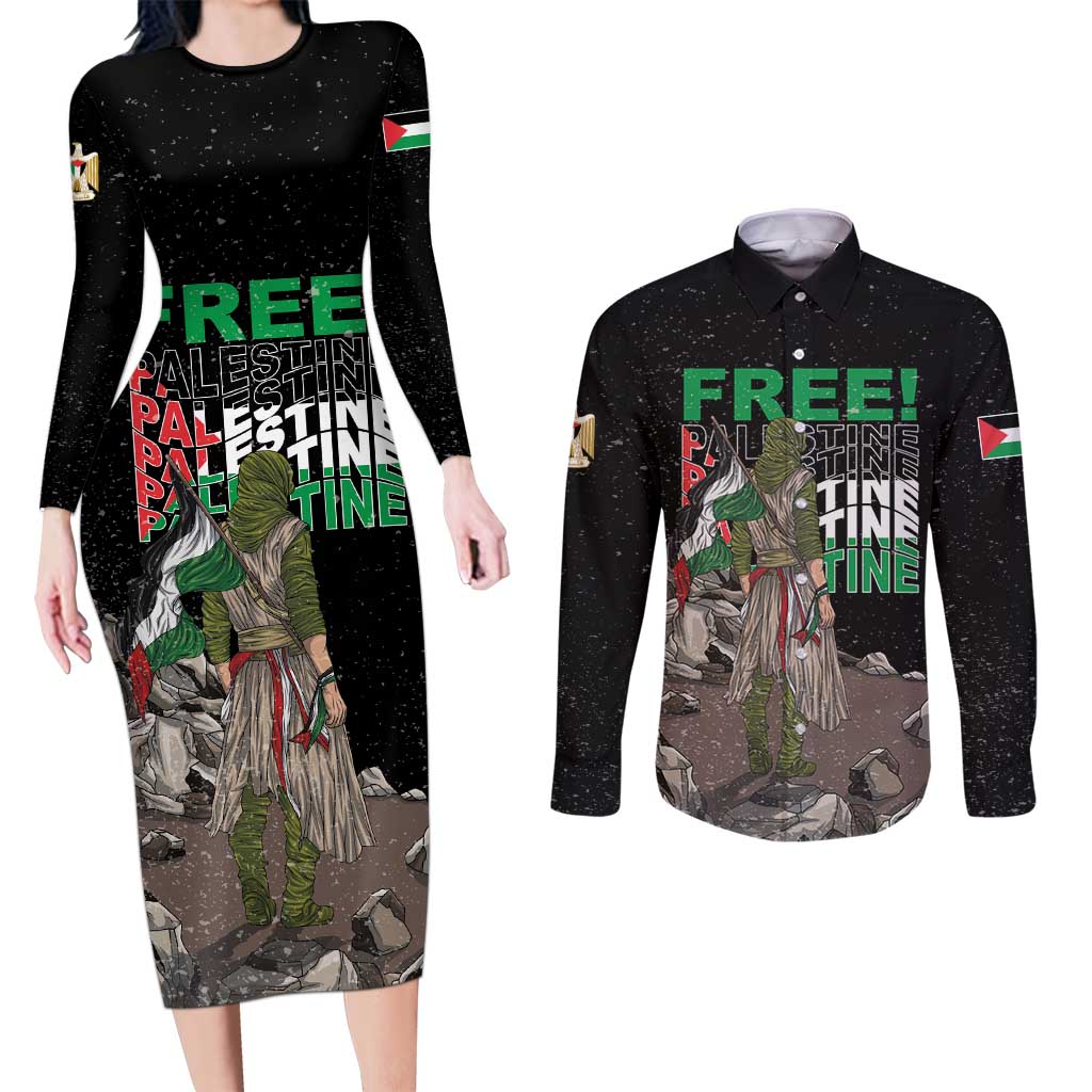 Free Palestine Couples Matching Long Sleeve Bodycon Dress and Long Sleeve Button Shirt Eagle of Saladin - Wonder Print Shop