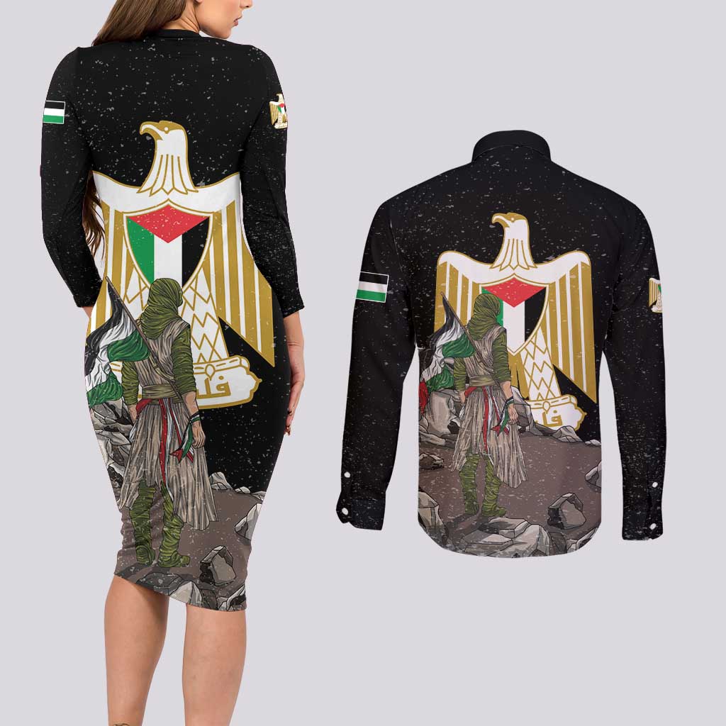 Free Palestine Couples Matching Long Sleeve Bodycon Dress and Long Sleeve Button Shirt Eagle of Saladin - Wonder Print Shop
