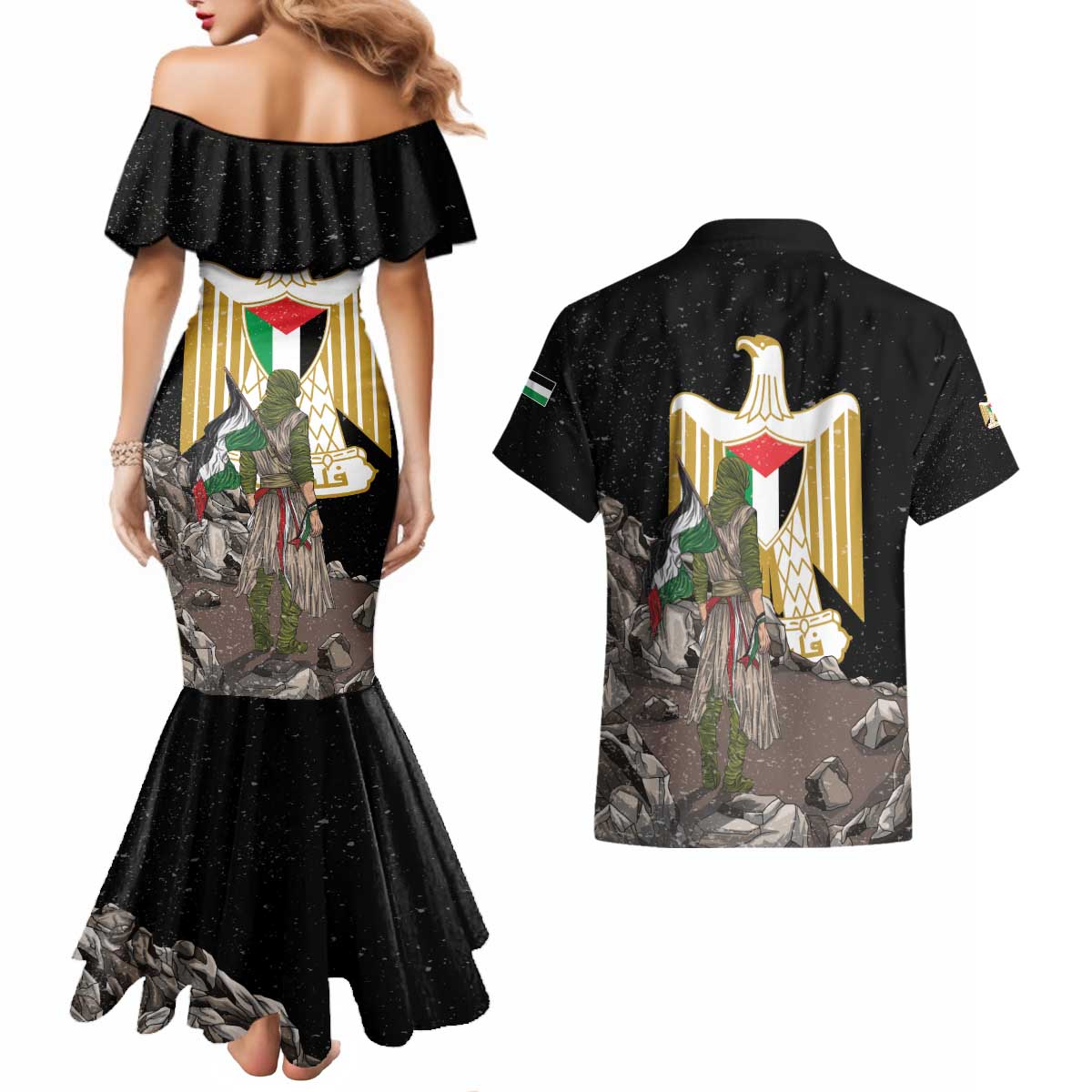 Free Palestine Couples Matching Mermaid Dress and Hawaiian Shirt Eagle of Saladin - Wonder Print Shop