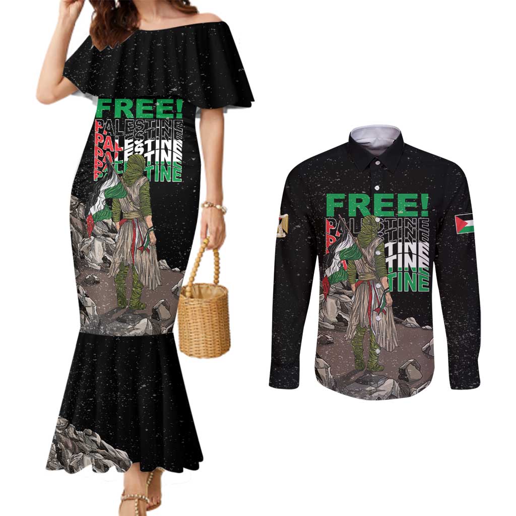 Free Palestine Couples Matching Mermaid Dress and Long Sleeve Button Shirt Eagle of Saladin