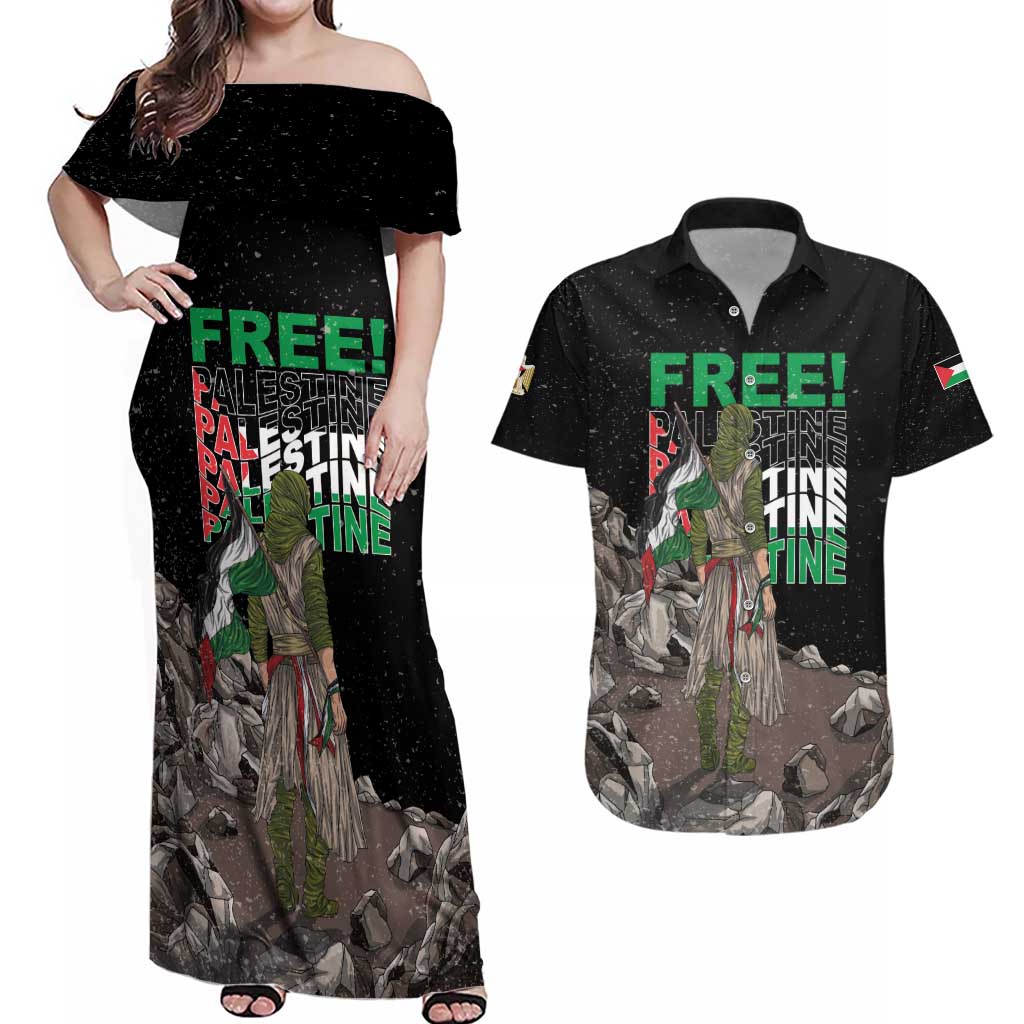 Free Palestine Couples Matching Off Shoulder Maxi Dress and Hawaiian Shirt Eagle of Saladin - Wonder Print Shop