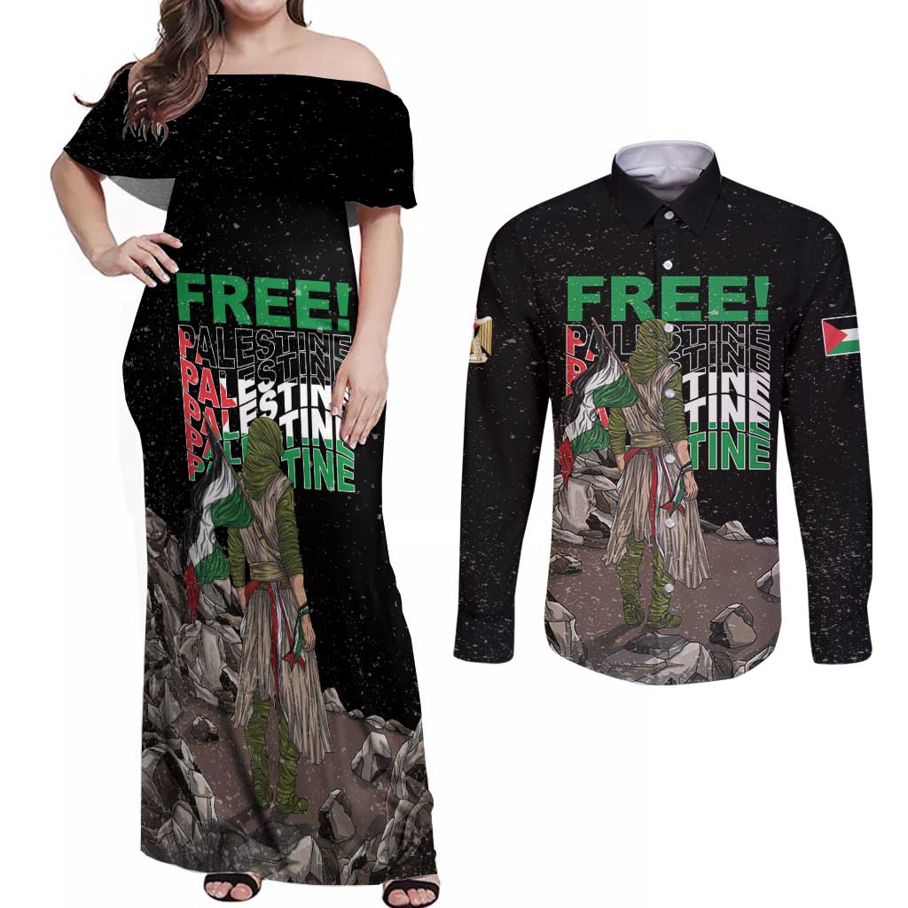 Free Palestine Couples Matching Off Shoulder Maxi Dress and Long Sleeve Button Shirt Eagle of Saladin - Wonder Print Shop