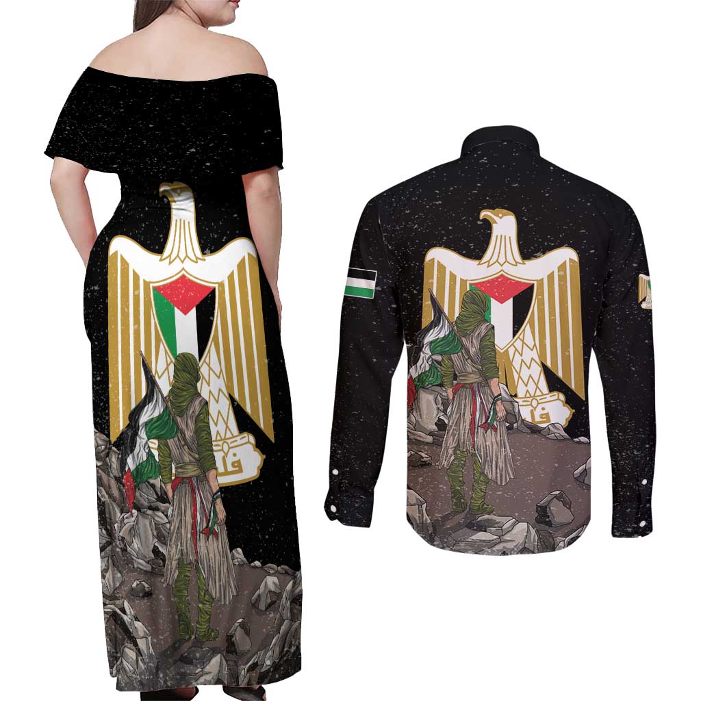 Free Palestine Couples Matching Off Shoulder Maxi Dress and Long Sleeve Button Shirt Eagle of Saladin - Wonder Print Shop