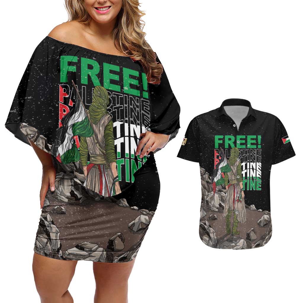 Free Palestine Couples Matching Off Shoulder Short Dress and Hawaiian Shirt Eagle of Saladin - Wonder Print Shop