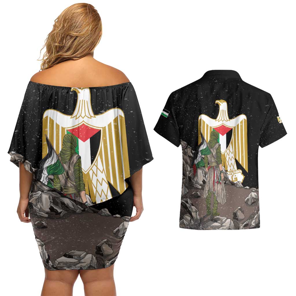 Free Palestine Couples Matching Off Shoulder Short Dress and Hawaiian Shirt Eagle of Saladin - Wonder Print Shop