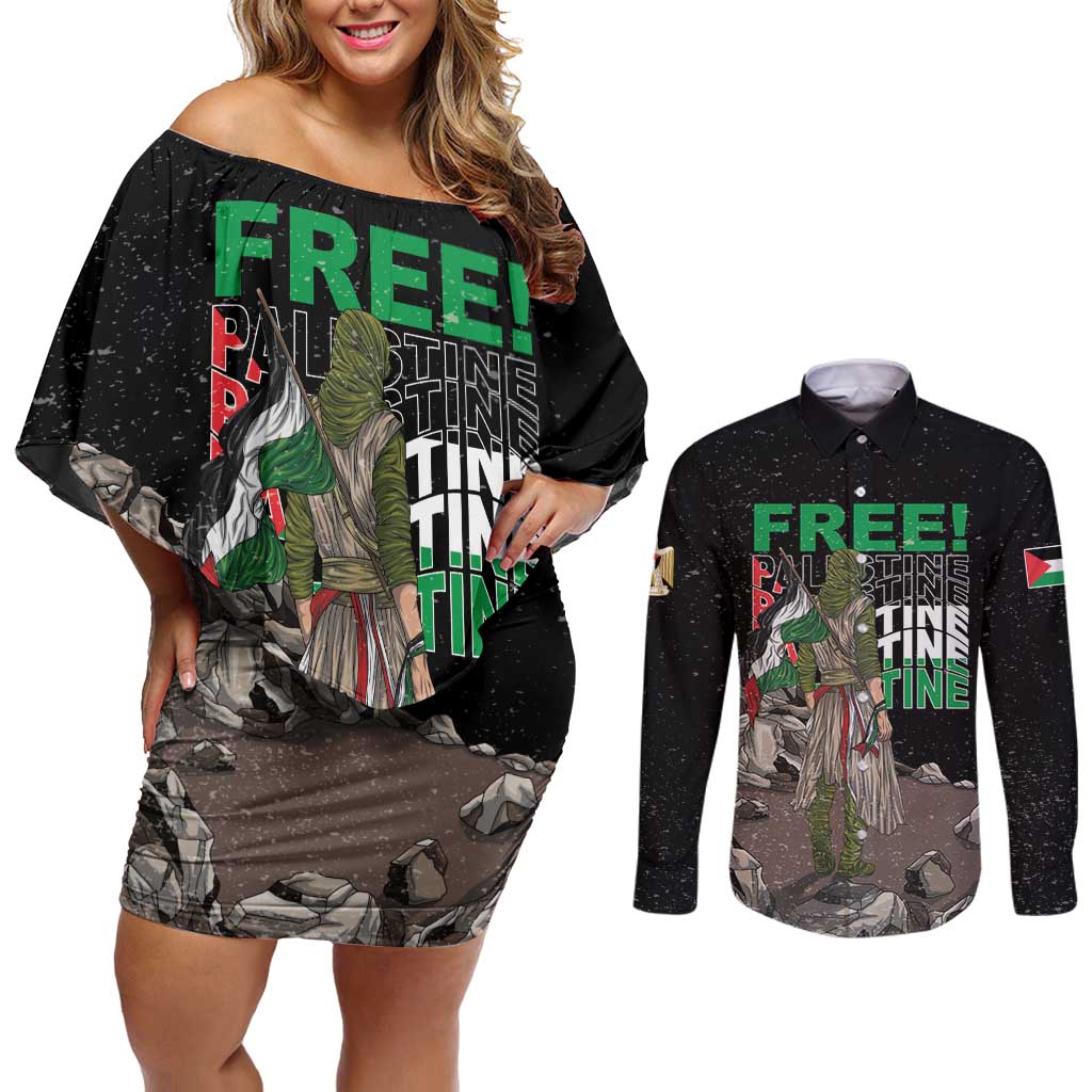 Free Palestine Couples Matching Off Shoulder Short Dress and Long Sleeve Button Shirt Eagle of Saladin - Wonder Print Shop