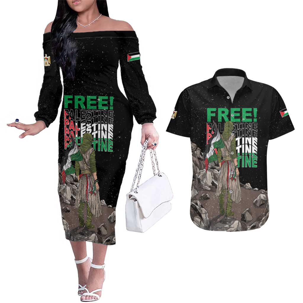 Free Palestine Couples Matching Off The Shoulder Long Sleeve Dress and Hawaiian Shirt Eagle of Saladin - Wonder Print Shop