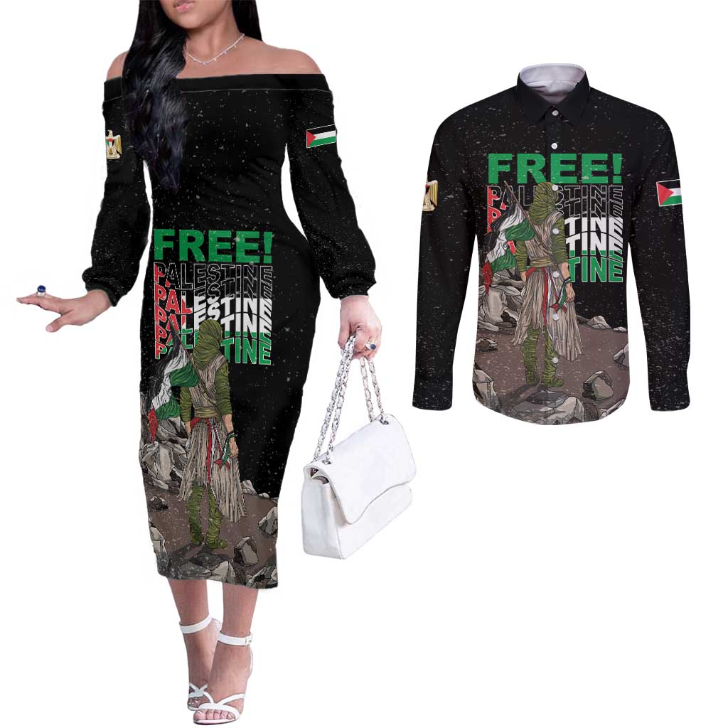 Free Palestine Couples Matching Off The Shoulder Long Sleeve Dress and Long Sleeve Button Shirt Eagle of Saladin