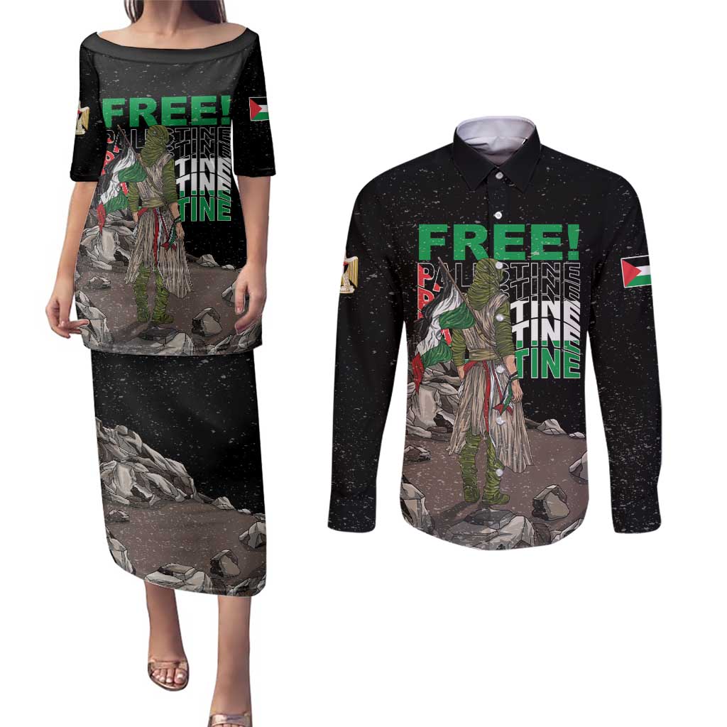 Free Palestine Couples Matching Puletasi and Long Sleeve Button Shirt Eagle of Saladin - Wonder Print Shop