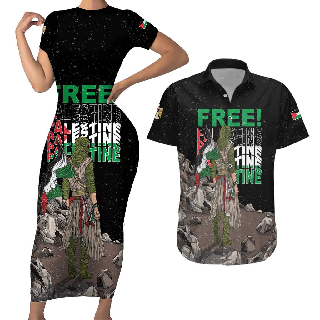 Free Palestine Couples Matching Short Sleeve Bodycon Dress and Hawaiian Shirt Eagle of Saladin - Wonder Print Shop