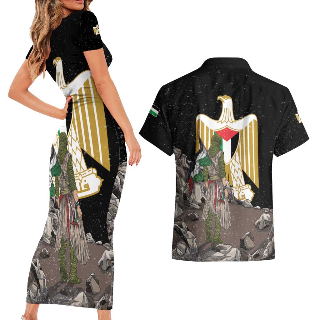 Free Palestine Couples Matching Short Sleeve Bodycon Dress and Hawaiian Shirt Eagle of Saladin - Wonder Print Shop