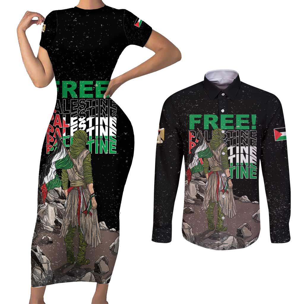 Free Palestine Couples Matching Short Sleeve Bodycon Dress and Long Sleeve Button Shirt Eagle of Saladin - Wonder Print Shop