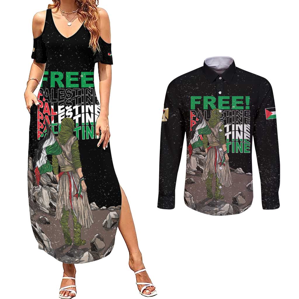 Free Palestine Couples Matching Summer Maxi Dress and Long Sleeve Button Shirt Eagle of Saladin - Wonder Print Shop