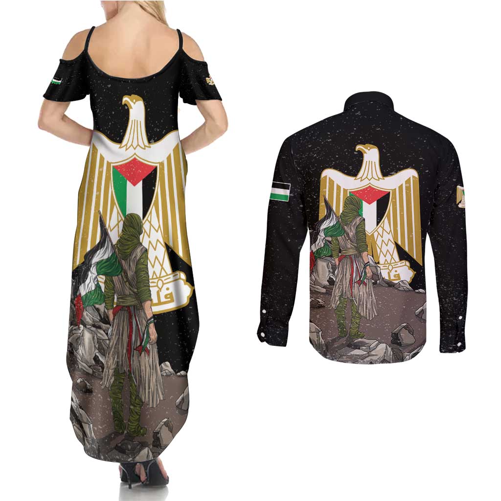 Free Palestine Couples Matching Summer Maxi Dress and Long Sleeve Button Shirt Eagle of Saladin - Wonder Print Shop