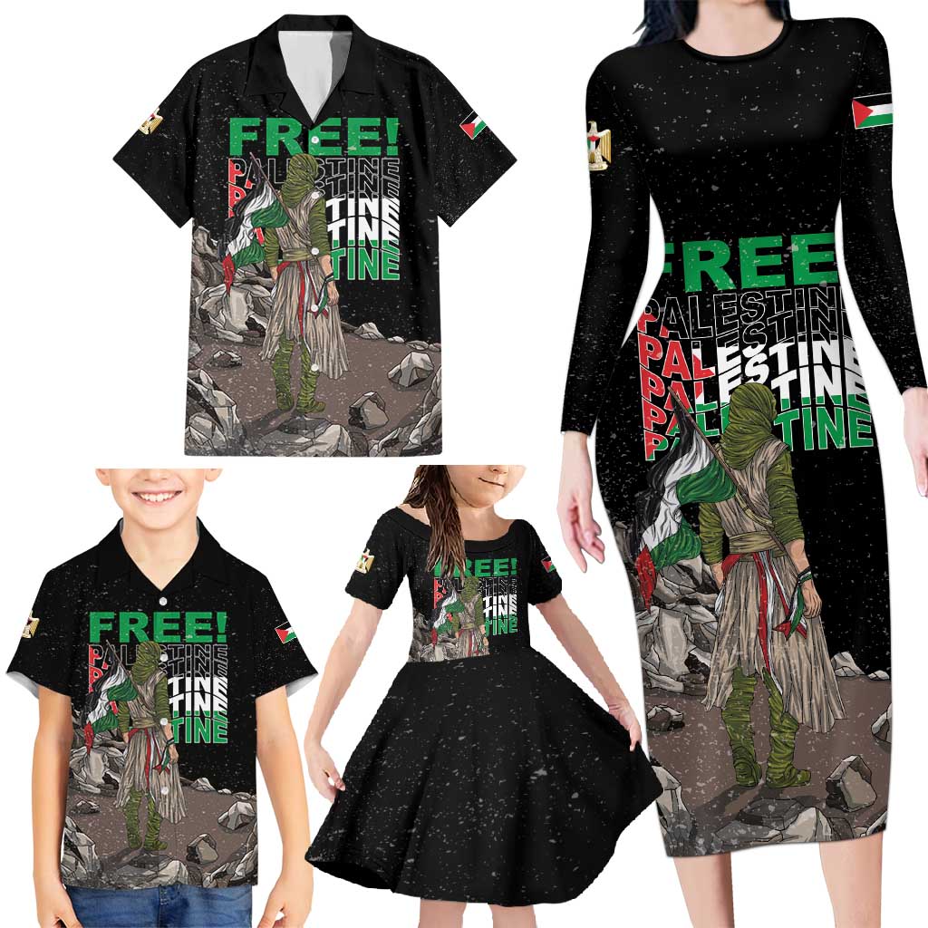 Free Palestine Family Matching Long Sleeve Bodycon Dress and Hawaiian Shirt Eagle of Saladin - Wonder Print Shop