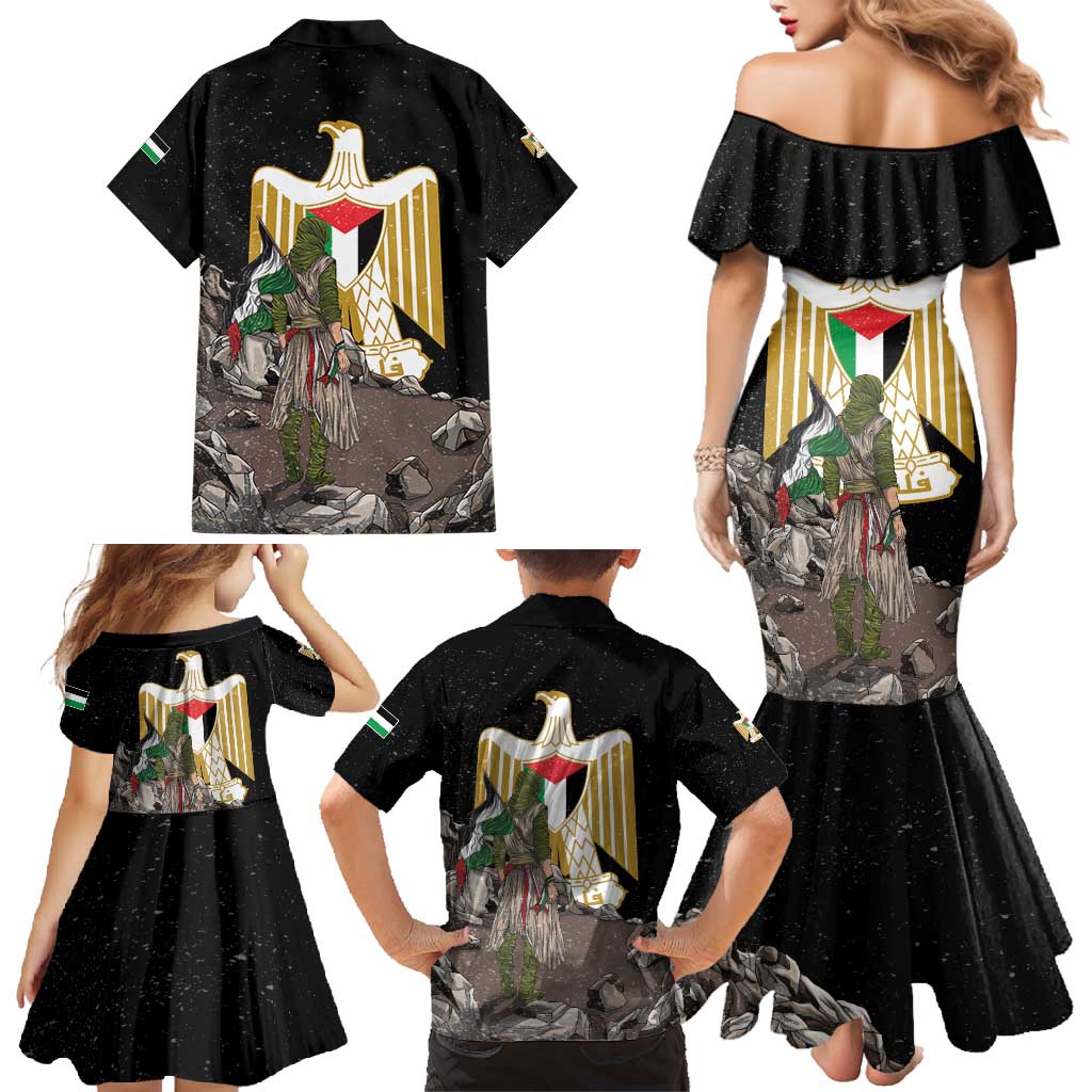 Free Palestine Family Matching Mermaid Dress and Hawaiian Shirt Eagle of Saladin - Wonder Print Shop