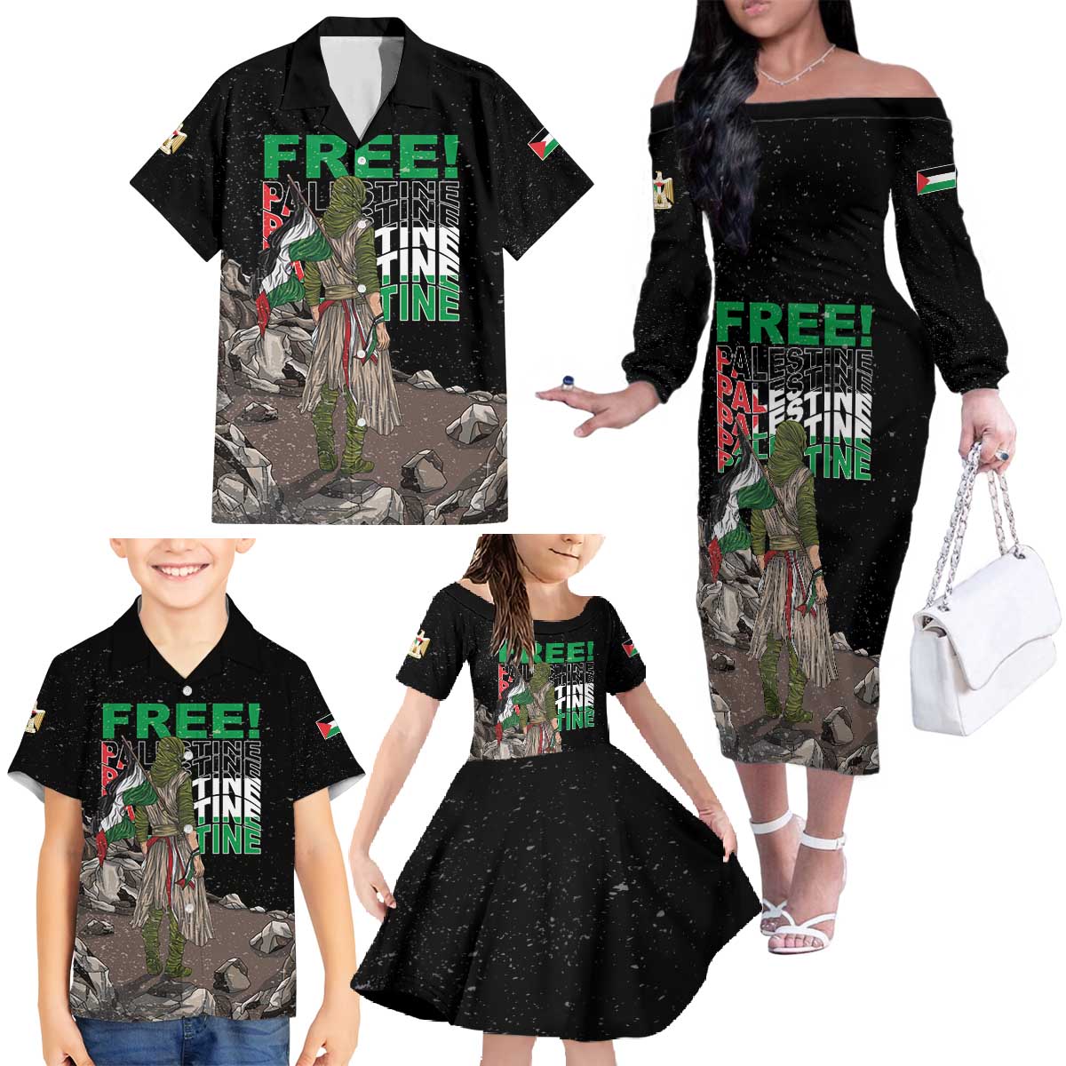 Free Palestine Family Matching Off The Shoulder Long Sleeve Dress and Hawaiian Shirt Eagle of Saladin - Wonder Print Shop