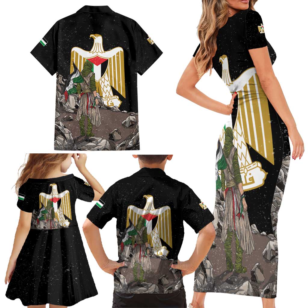 Free Palestine Family Matching Short Sleeve Bodycon Dress and Hawaiian Shirt Eagle of Saladin - Wonder Print Shop
