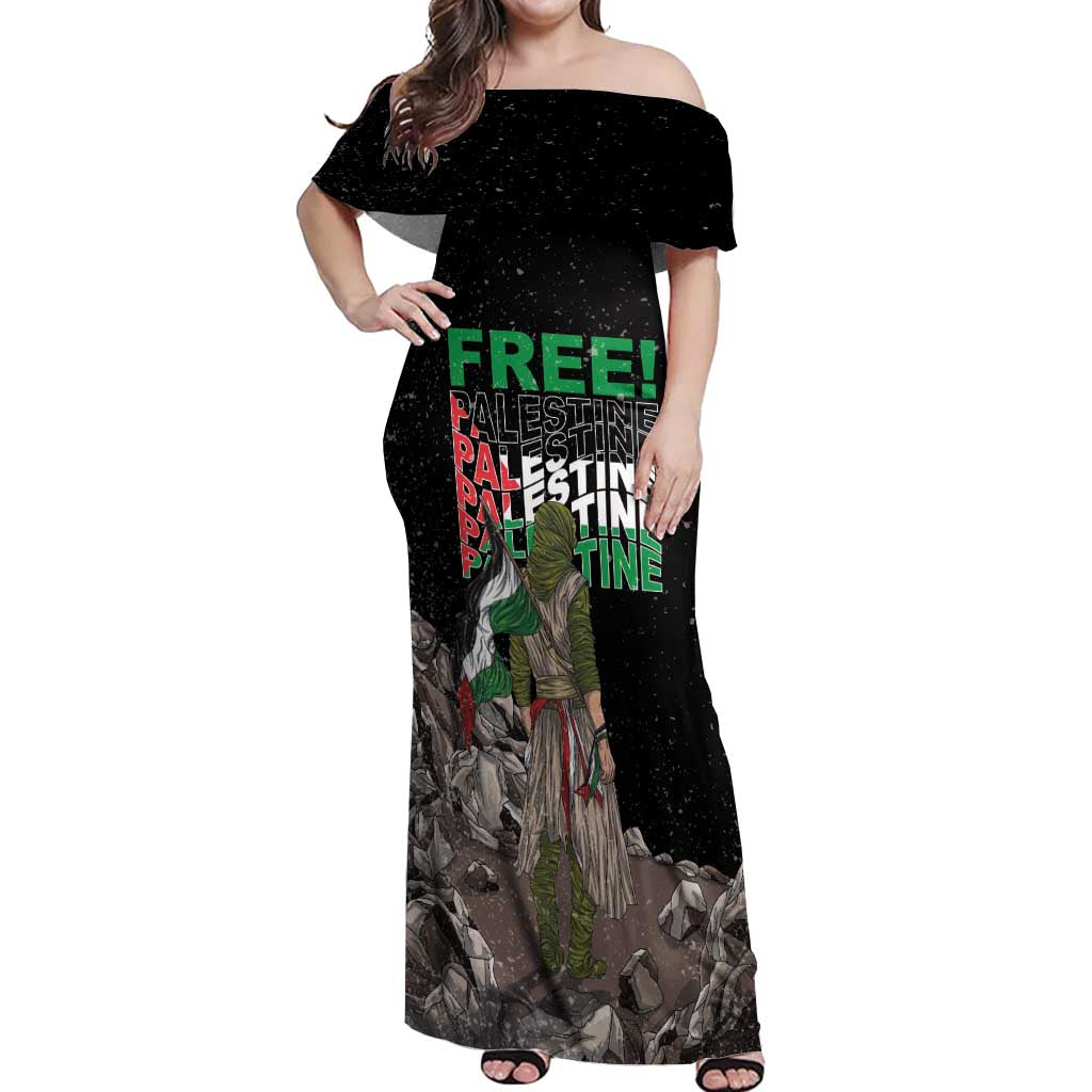 Free Palestine Off Shoulder Maxi Dress Eagle of Saladin - Wonder Print Shop