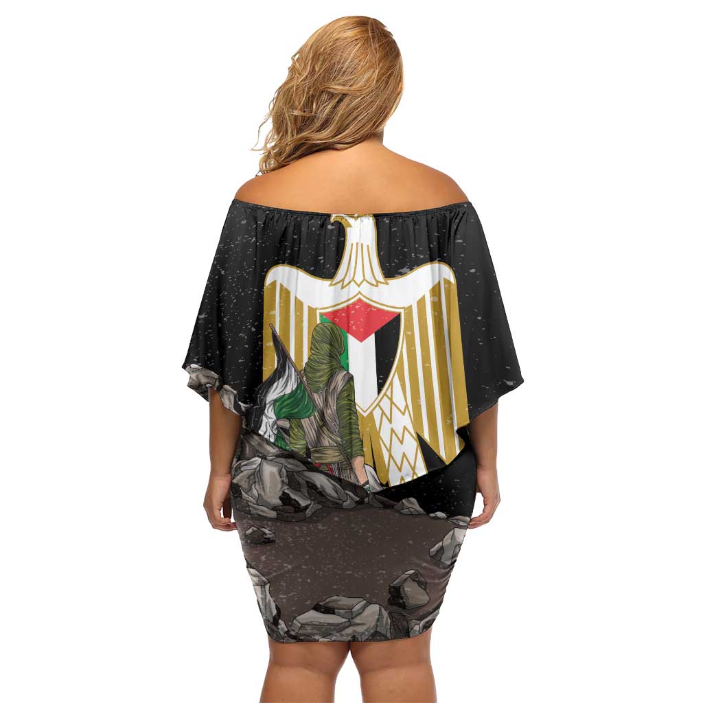 Free Palestine Off Shoulder Short Dress Eagle of Saladin - Wonder Print Shop
