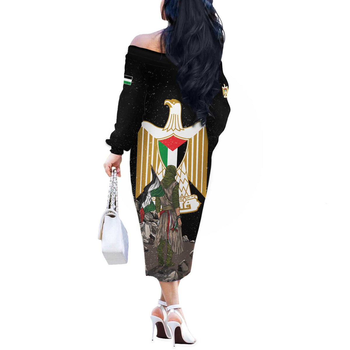 Free Palestine Off The Shoulder Long Sleeve Dress Eagle of Saladin - Wonder Print Shop