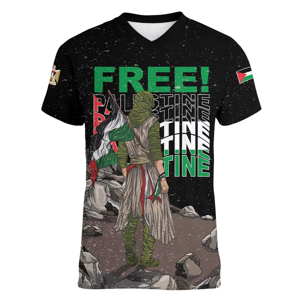 Free Palestine Women V-Neck T-Shirt Eagle of Saladin - Wonder Print Shop