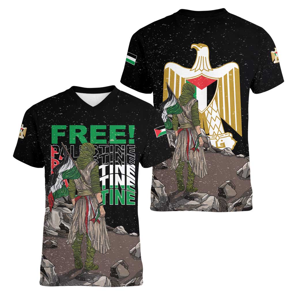 Free Palestine Women V-Neck T-Shirt Eagle of Saladin - Wonder Print Shop