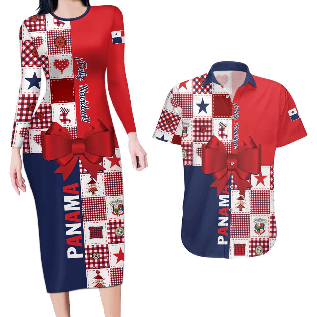 Panama Christmas Feliz Navidad Couples Matching Long Sleeve Bodycon Dress and Hawaiian Shirt Coquette Bow Style - Wonder Print Shop