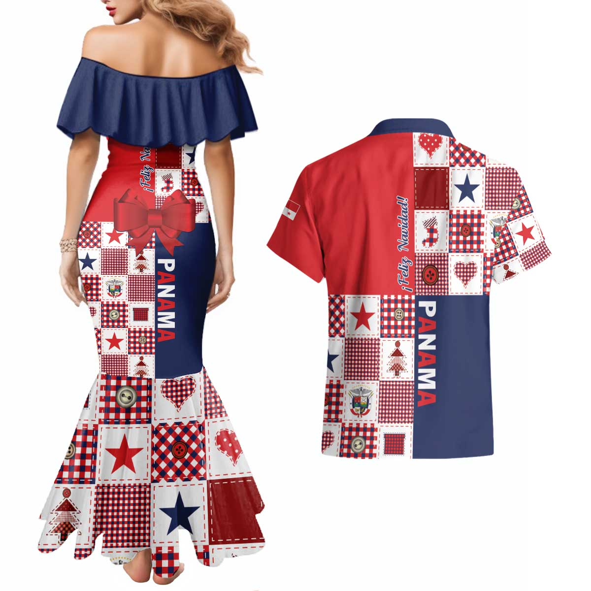 Panama Christmas Feliz Navidad Couples Matching Mermaid Dress and Hawaiian Shirt Coquette Bow Style - Wonder Print Shop