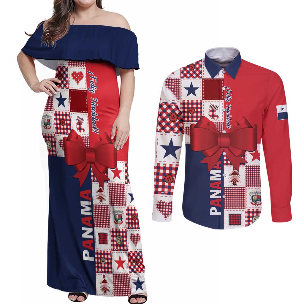 Panama Christmas Feliz Navidad Couples Matching Off Shoulder Maxi Dress and Long Sleeve Button Shirt Coquette Bow Style - Wonder Print Shop