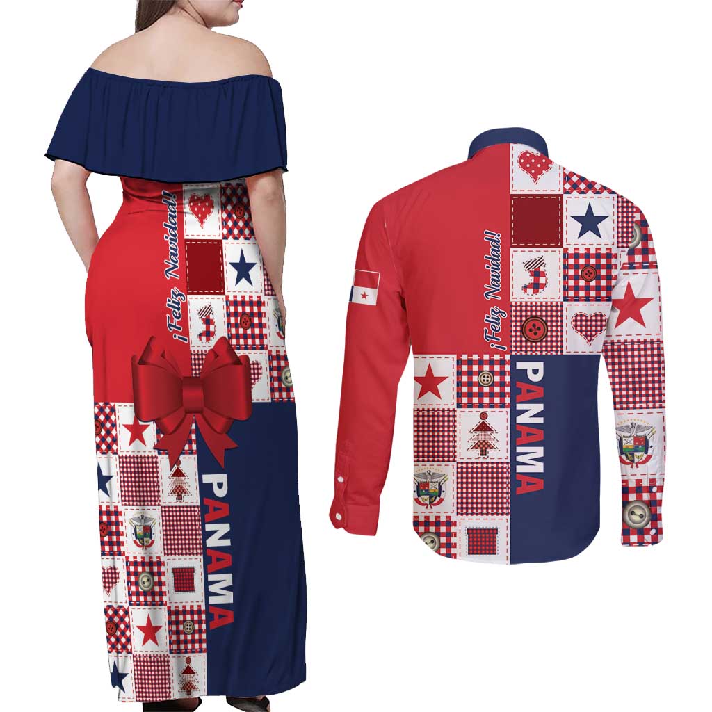 Panama Christmas Feliz Navidad Couples Matching Off Shoulder Maxi Dress and Long Sleeve Button Shirt Coquette Bow Style - Wonder Print Shop