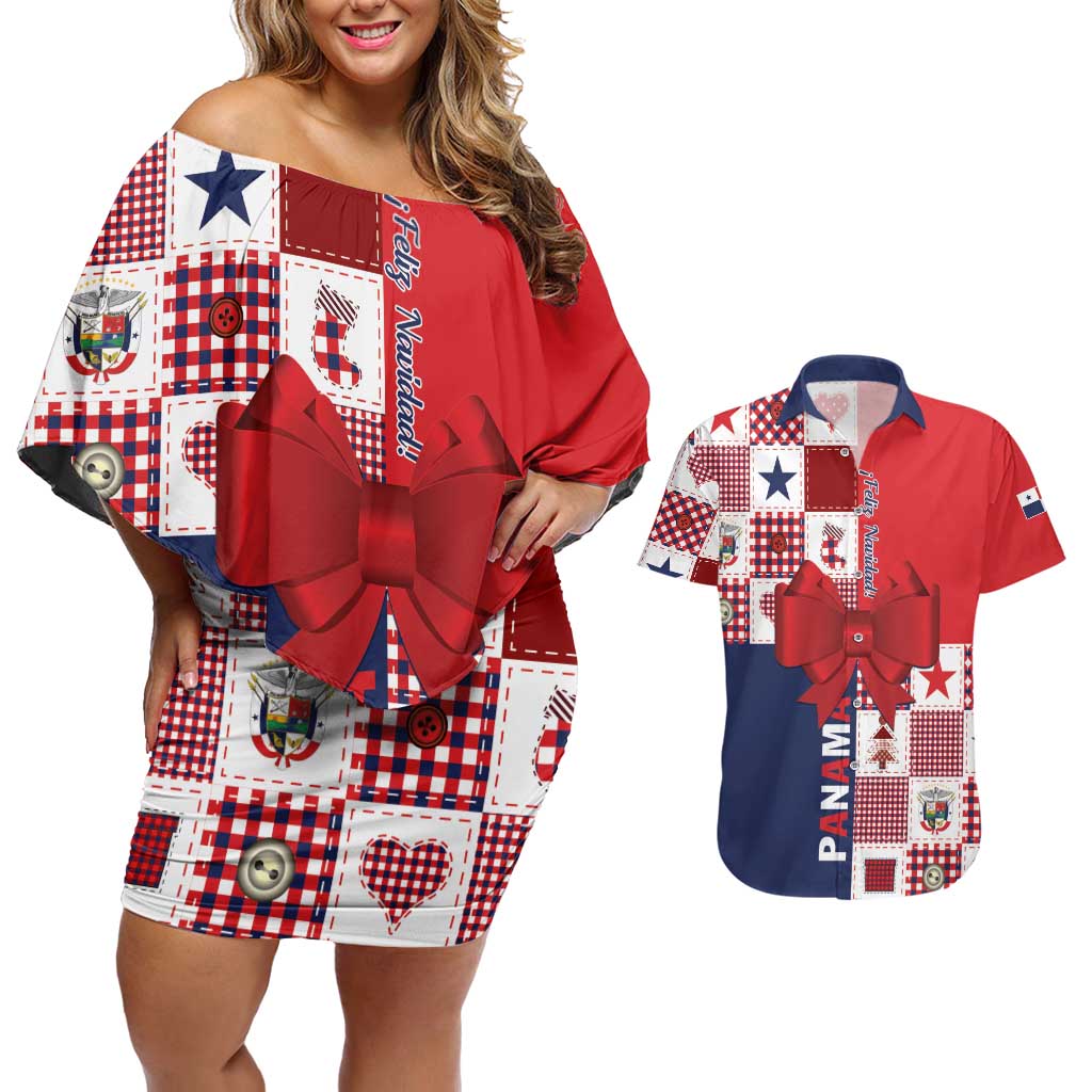 Panama Christmas Feliz Navidad Couples Matching Off Shoulder Short Dress and Hawaiian Shirt Coquette Bow Style - Wonder Print Shop