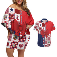 Panama Christmas Feliz Navidad Couples Matching Off Shoulder Short Dress and Hawaiian Shirt Coquette Bow Style - Wonder Print Shop