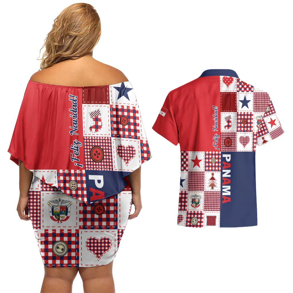 Panama Christmas Feliz Navidad Couples Matching Off Shoulder Short Dress and Hawaiian Shirt Coquette Bow Style - Wonder Print Shop