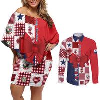 Panama Christmas Feliz Navidad Couples Matching Off Shoulder Short Dress and Long Sleeve Button Shirt Coquette Bow Style - Wonder Print Shop