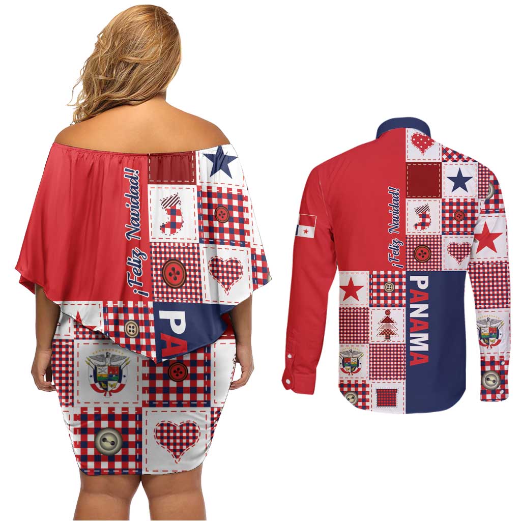 Panama Christmas Feliz Navidad Couples Matching Off Shoulder Short Dress and Long Sleeve Button Shirt Coquette Bow Style - Wonder Print Shop