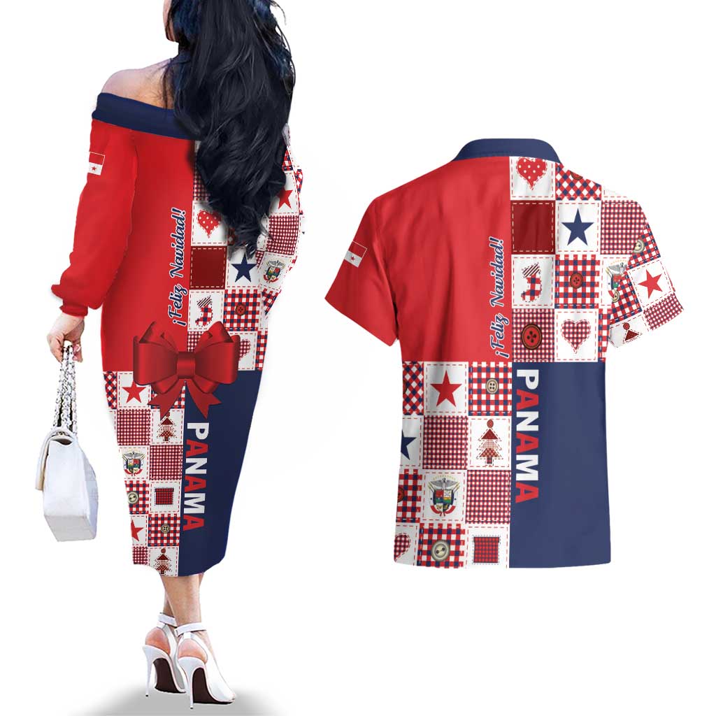 Panama Christmas Feliz Navidad Couples Matching Off The Shoulder Long Sleeve Dress and Hawaiian Shirt Coquette Bow Style - Wonder Print Shop