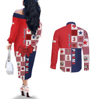 Panama Christmas Feliz Navidad Couples Matching Off The Shoulder Long Sleeve Dress and Long Sleeve Button Shirt Coquette Bow Style