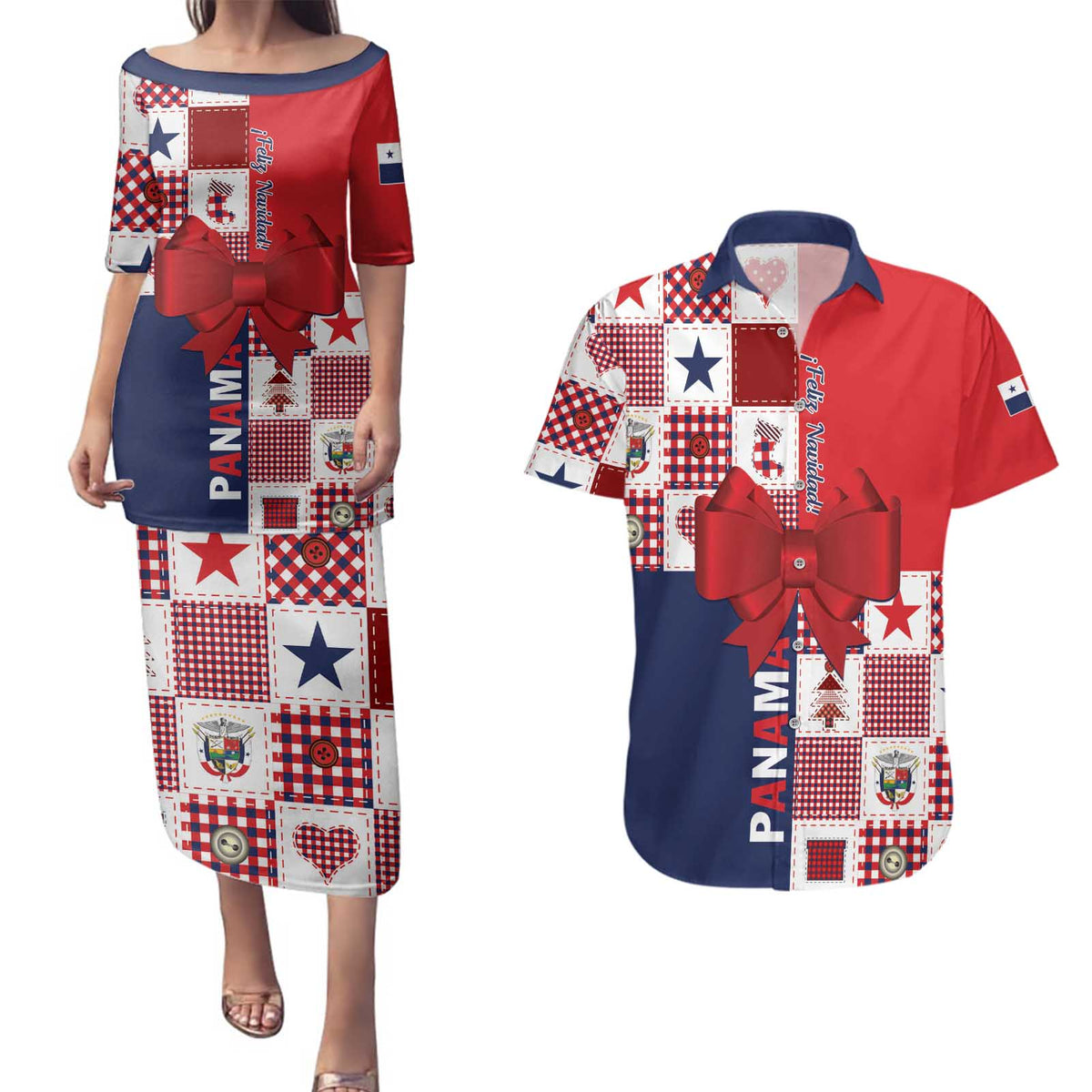 Panama Christmas Feliz Navidad Couples Matching Puletasi and Hawaiian Shirt Coquette Bow Style - Wonder Print Shop