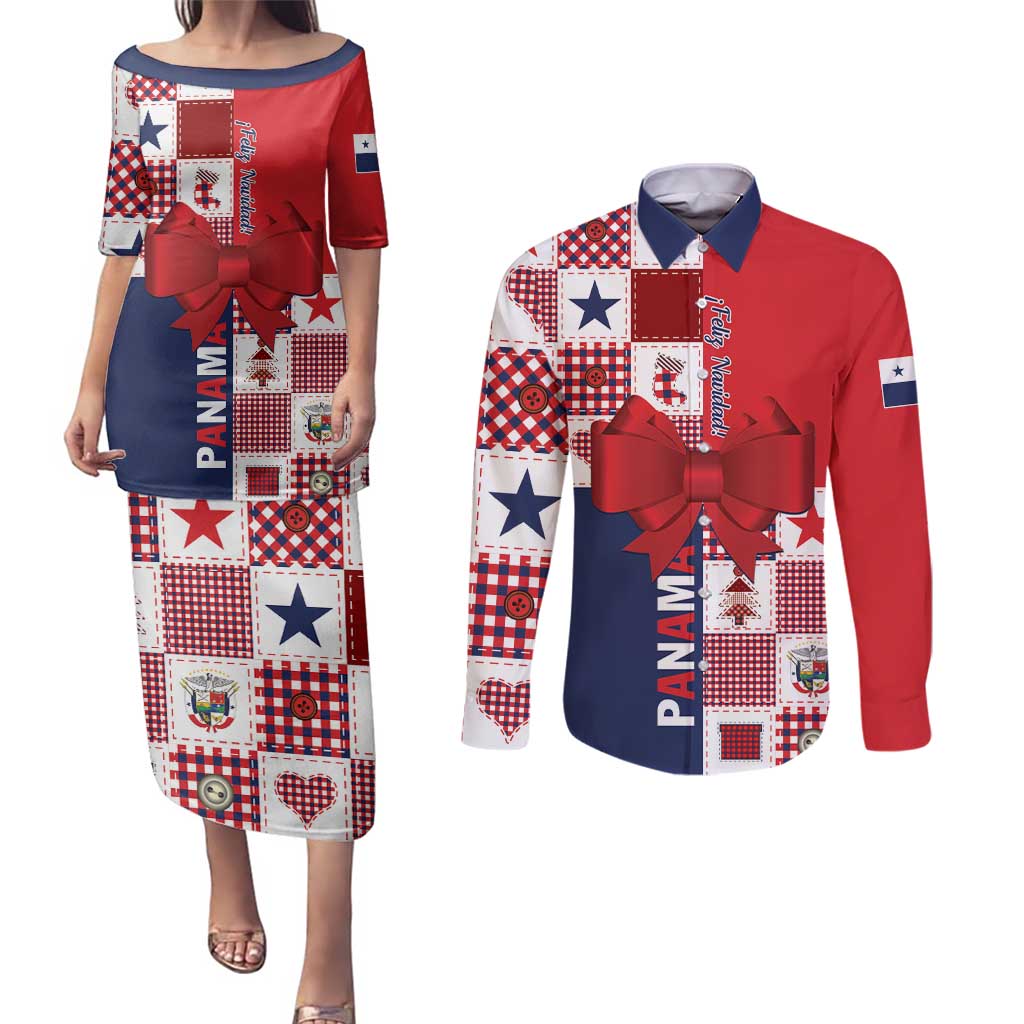 Panama Christmas Feliz Navidad Couples Matching Puletasi and Long Sleeve Button Shirt Coquette Bow Style - Wonder Print Shop