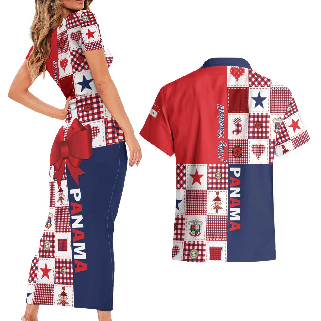 Panama Christmas Feliz Navidad Couples Matching Short Sleeve Bodycon Dress and Hawaiian Shirt Coquette Bow Style - Wonder Print Shop