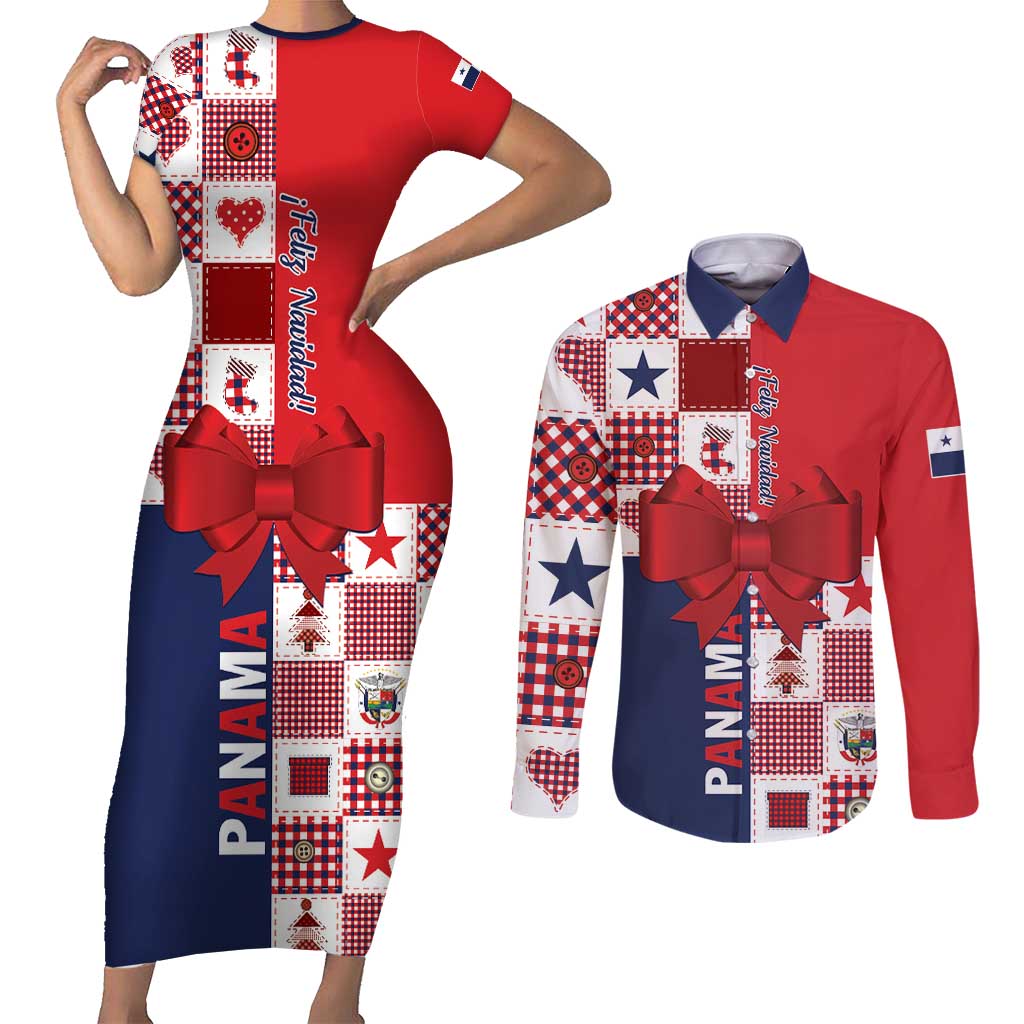 Panama Christmas Feliz Navidad Couples Matching Short Sleeve Bodycon Dress and Long Sleeve Button Shirt Coquette Bow Style - Wonder Print Shop
