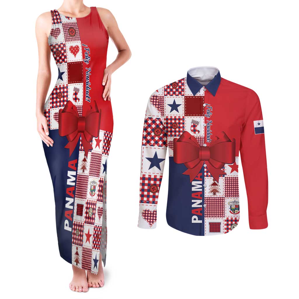 Panama Christmas Feliz Navidad Couples Matching Tank Maxi Dress and Long Sleeve Button Shirt Coquette Bow Style - Wonder Print Shop