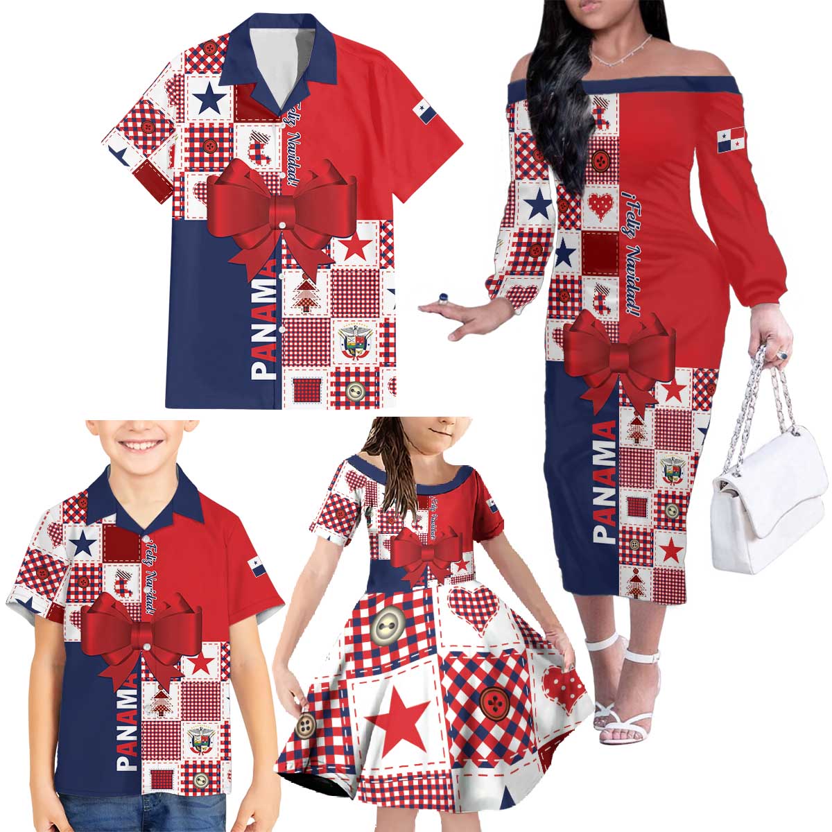 Panama Christmas Feliz Navidad Family Matching Off The Shoulder Long Sleeve Dress and Hawaiian Shirt Coquette Bow Style - Wonder Print Shop